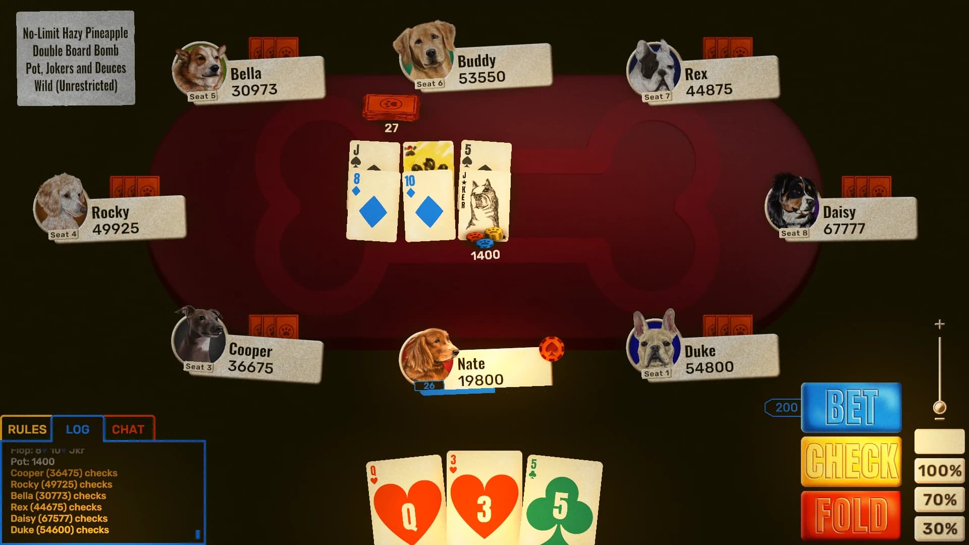 A poker table of dog avatars playing a double-board pineapple game with a joker on the flop